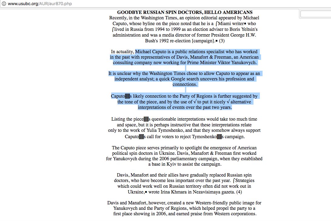 21. According to US—Ukraine Business Council, Caputo did not work as an independent consultant but “ worked in the past with representatives of Davis, Manafort & Freeman”   http://www.usubc.org/AUR/aur870.php 