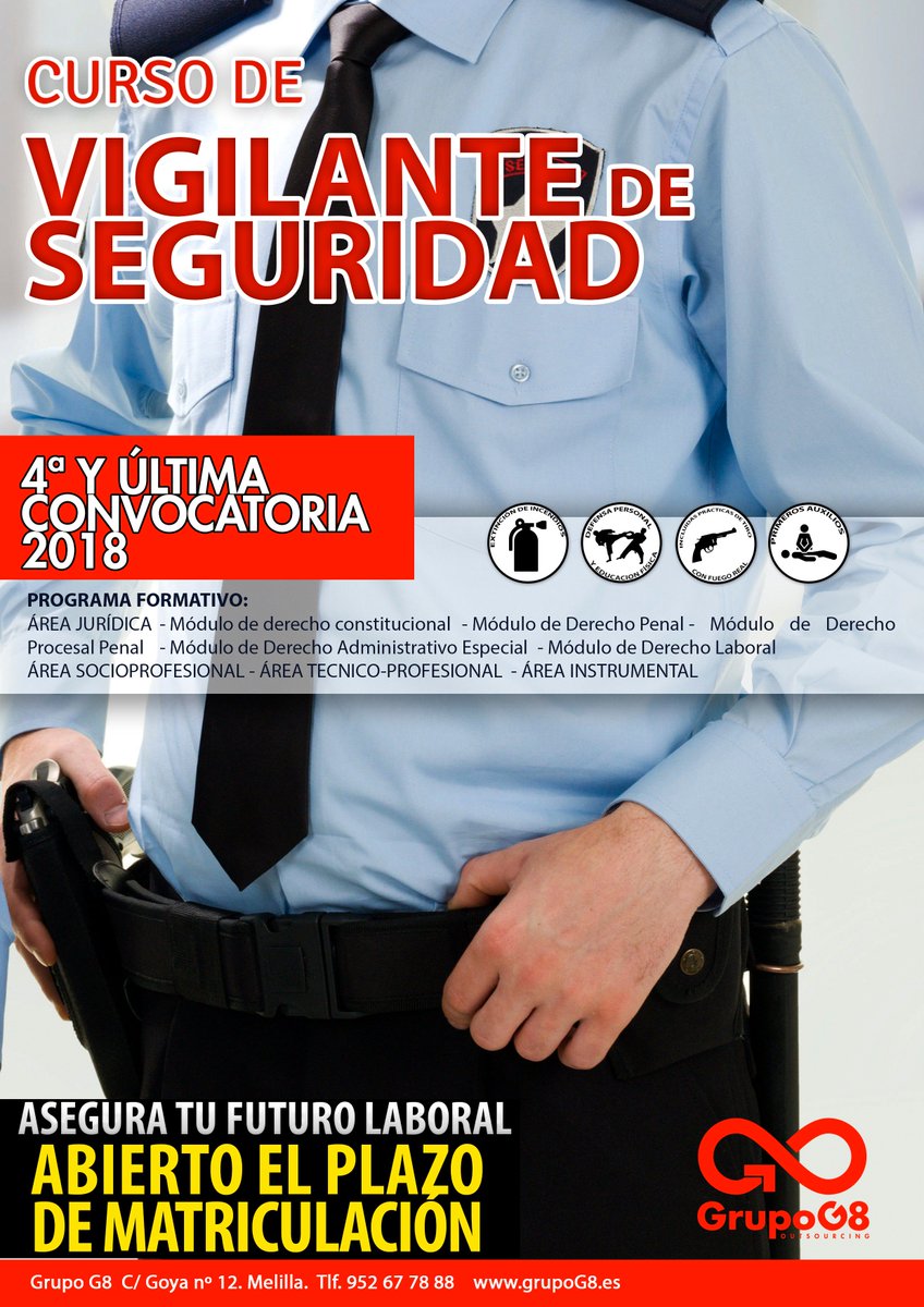 G8OUTSOURCING's tweet photo. Curso de preparación para Vigilante de Seguridad Privada. Última convocatoria del 2018. Plazas limitadas. Infórmate en https://t.co/CZ0kkdmMnt https://t.co/oUyIyk70Lm