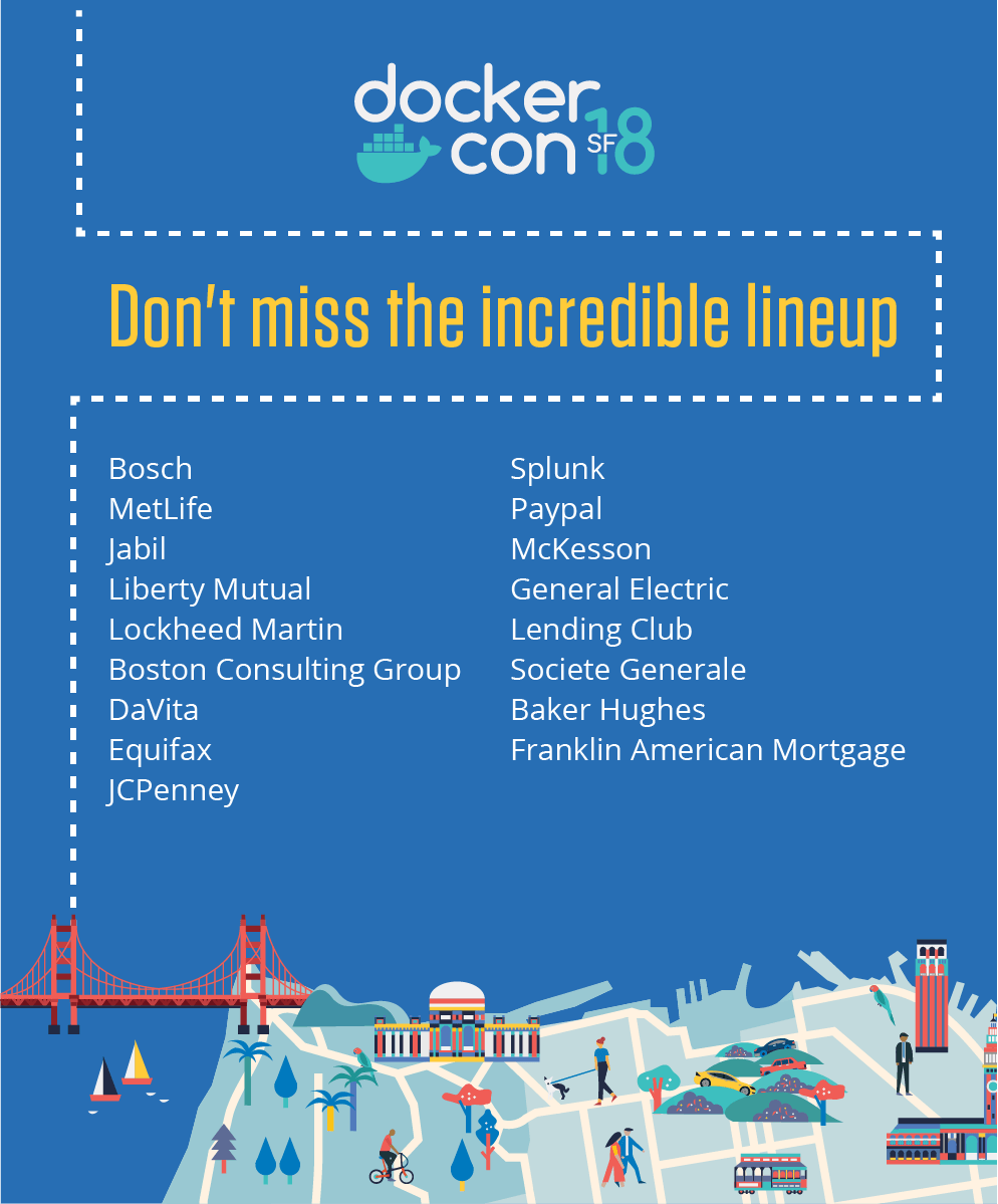 So stoked about the companies speaking at #DockerCon! Thank you for taking the journey with us -- and for sharing your Docker Enterprise Edition story.