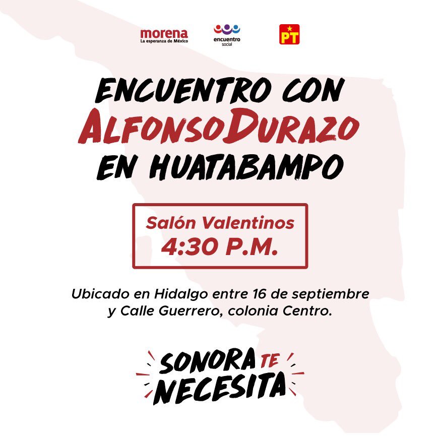 MorenaenSonora's tweet photo. .@AlfonsoDurazo vuelve a Huatabampo. Acompáñalo este viernes 4 de mayo a las 4:30 de la tarde en el Salón Valentinos. 
¡Todas y todos invitados! #SonoraTeNecesita https://t.co/BHxZkW3Hjl