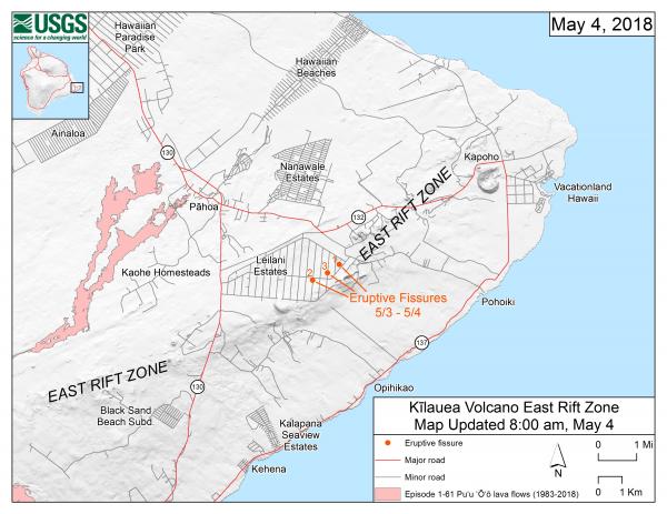 Map of the Kilauea East Rift Zone as of 8:00 AM, May 4, showing the locations of the first three fissures to open in the Leilani Estates subdivision. The fissures are in a NE-trending line running parallel to the coast.