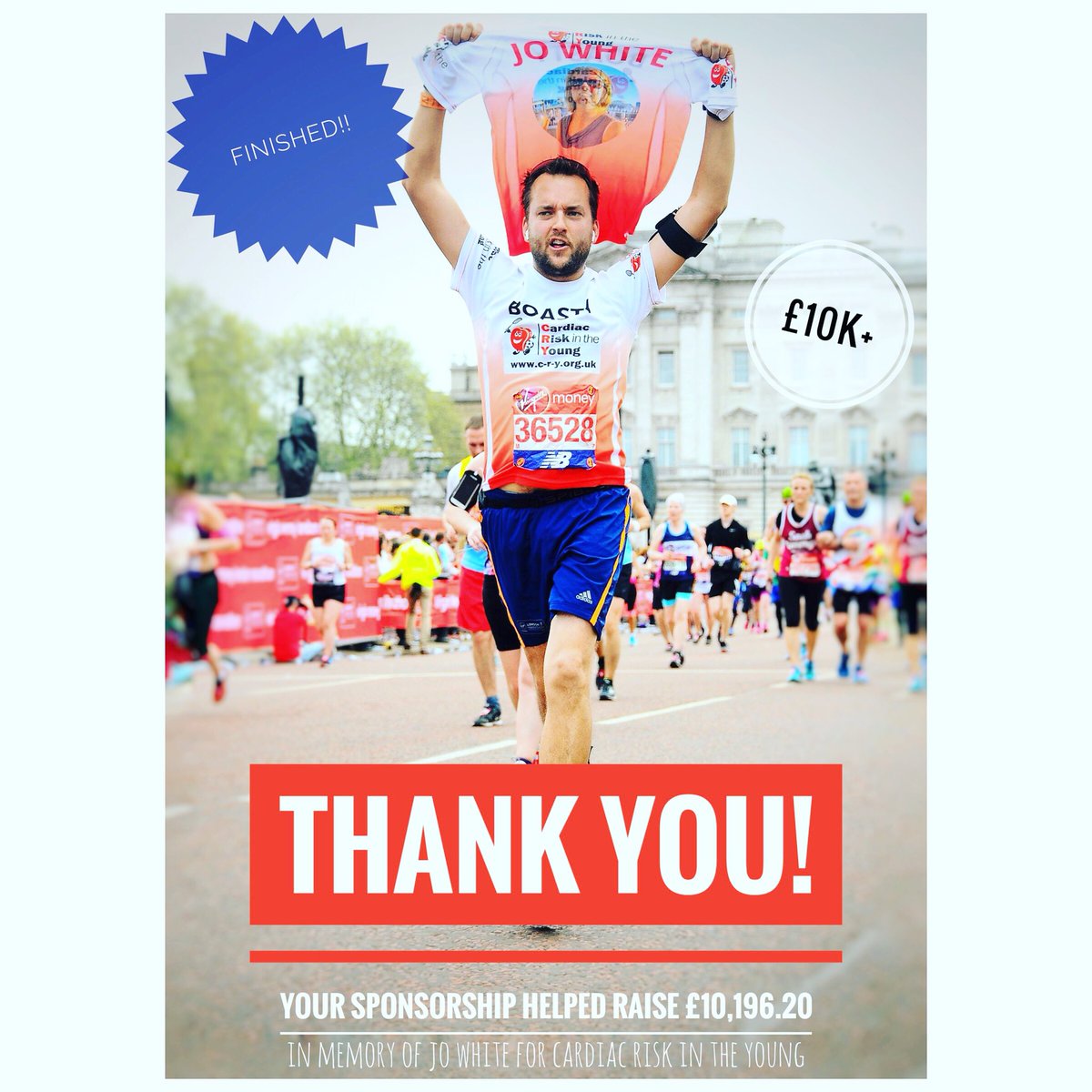 JBoasty's tweet photo. A resounding thanks to everyone who sponsored #SpiritOfLondon #runningforjo @CRY_UK @LondonMarathon https://t.co/66NJZV4gT5