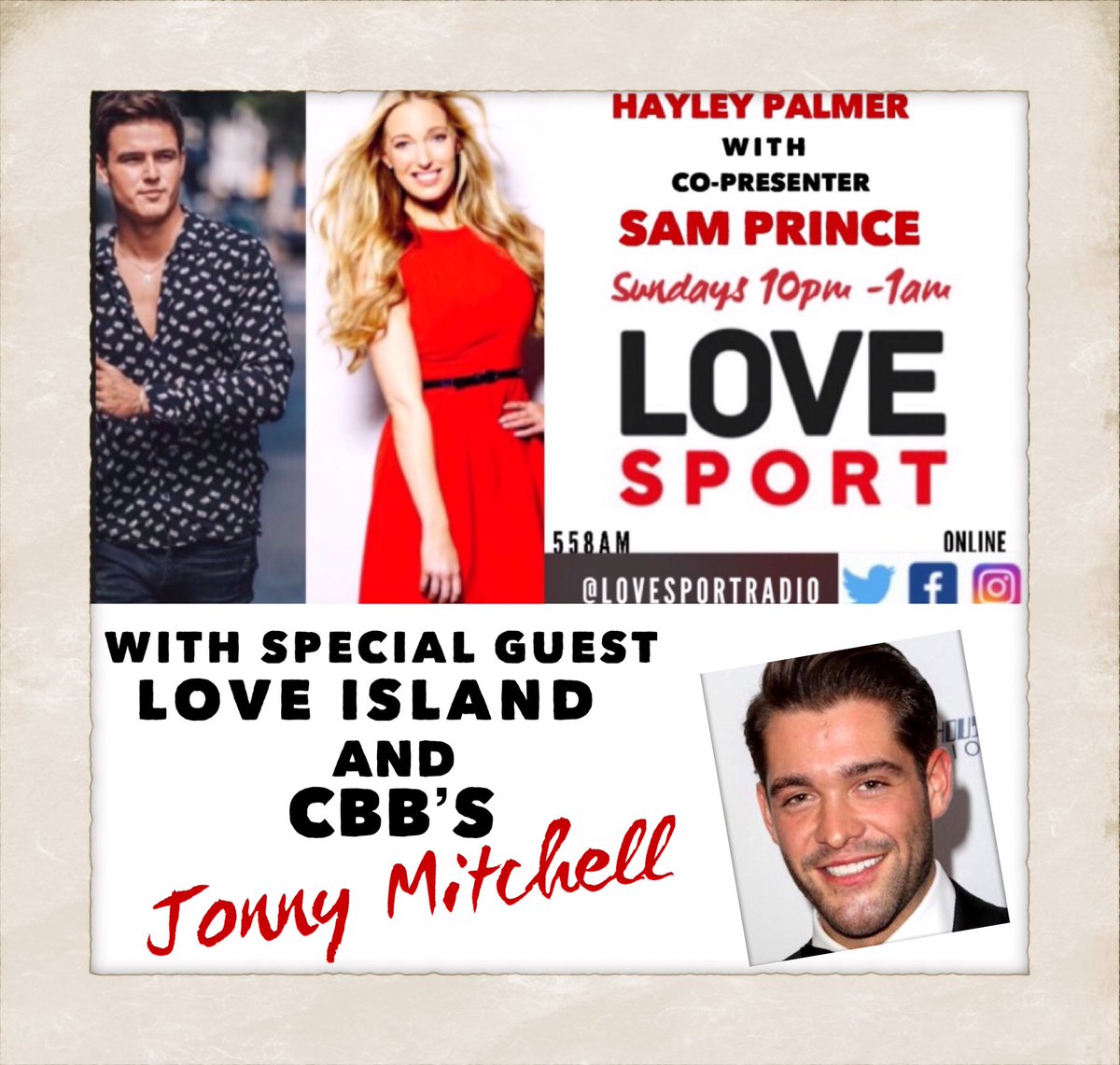 presenterhayley's tweet image. Join my Co-Presenter @SamPrince_uk and I on @lovesportradio this Sunday night, at 10pm - we’ll be chatting with #loveisland and #celebritybigbrother UK Star @jonnyvmitchell

📞 0208 70 20 558
💻 @lovesportradio