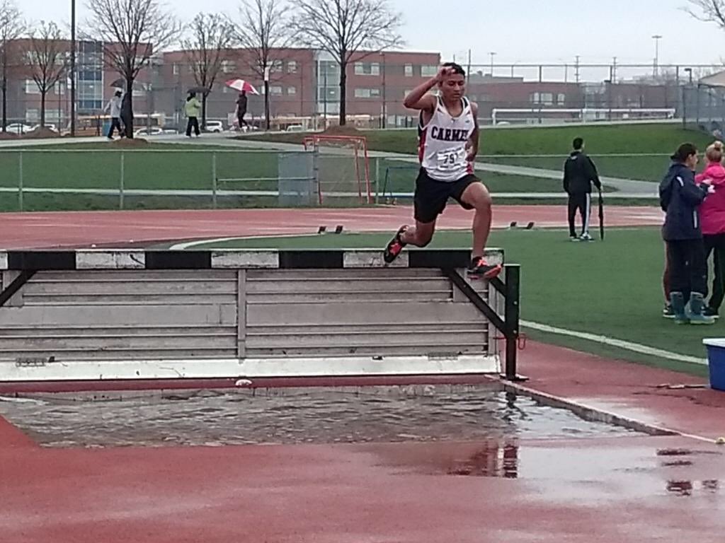 OLMC_athletics's tweet photo. A rainy track meet! Julian Lobo, Luke Patrick &amp; Davis Fowler in Steeple Chase!  #runjump https://t.co/DgrZnFYIUW
