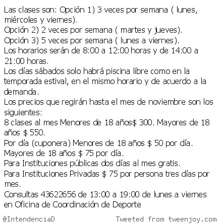 IntendenciaD's tweet photo. Abrimos las Inscripciones para Piscina Municipal Climatizada.
#gestionVidalin https://t.co/5J1xHTKHfD