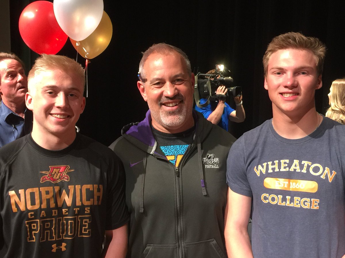Extremely proud of these two - on their way to play some college football! <a href="/TrevorIvy29/">Trevor Ivy</a> going to <a href="/NorwichFB/">Norwich Football</a> and <a href="/calgrote/">Caleb Grotelueschen</a> going to <a href="/Wheaton_Thunder/">Wheaton Thunder</a>!