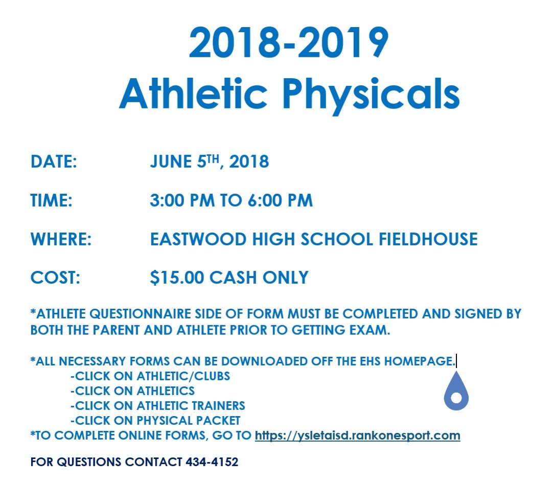 Troopers!
June 5th, we will be hosting $15 physicals from 3:00 pm - 6:00 pm. Please make sure you have completed all online forms prior to getting exam.
<a href="/EastwoodTrack/">EastwoodTrack&Field&XC</a> <a href="/TrooperFootball/">Eastwood Football</a> <a href="/EHS_Gymnastics/">Eastwood Gymnastics</a> <a href="/troopvball/">Coach Bajek</a> <a href="/EWTrooperTennis/">EW Trooper Tennis</a> @MsBarnesEPE <a href="/EastwoodGSoccer/">EHS Girl's Soccer</a> <a href="/eastwoodbaseba1/">Eastwood Baseball</a>