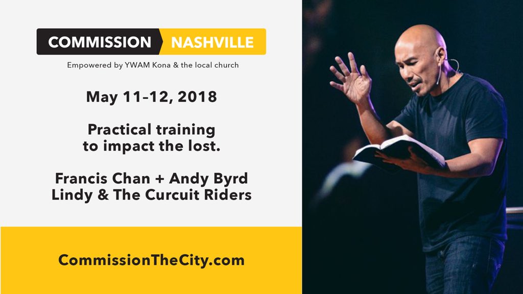 One week from today 5/11/18 we are gathering in Nashville for revival in our city! 
At Belmont Church 
Starting 7pm Friday 
RT and spread the word!
To Register or for more info go to... CommissionTheCity.com

( It’s FREE)