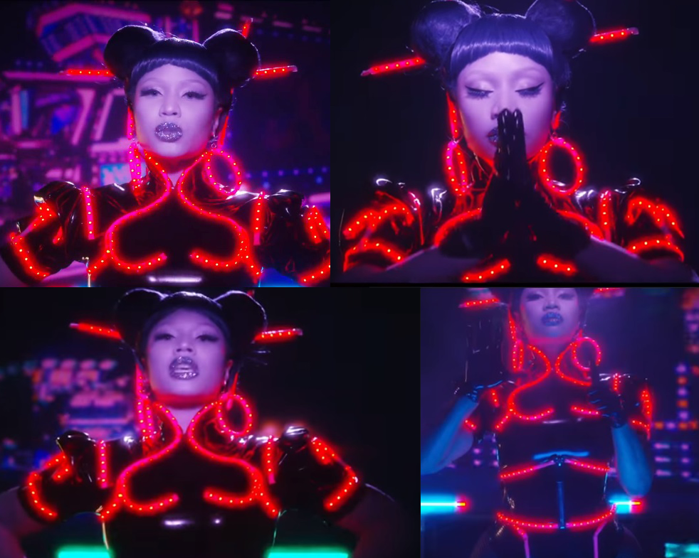 salacious_v's tweet photo. Yo Chun-Li has @NICKIMINAJ 's most boss outfits! My fave gotta be with the spike bracelets it had the best scenes 😍. #Chunli #NickDay2 https://t.co/G6YqBxcHfc