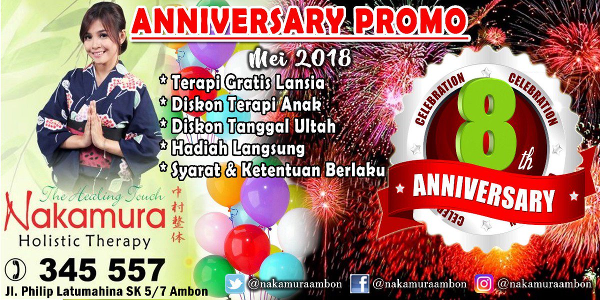 Hello Gusy
 Wekend lagi nih,

ada rencana relaksasi bareng keluarga ?capek karna Aktivitas padat?Ayo,buruan ke 
"Nakamura Ambon" Aja!!!

Banyak lho Promo nya di Bulan MEI ini,Spesial anniversary Nakamura yang Ke 8 !!!

*syarat &amp; Ketentuan Berlaku