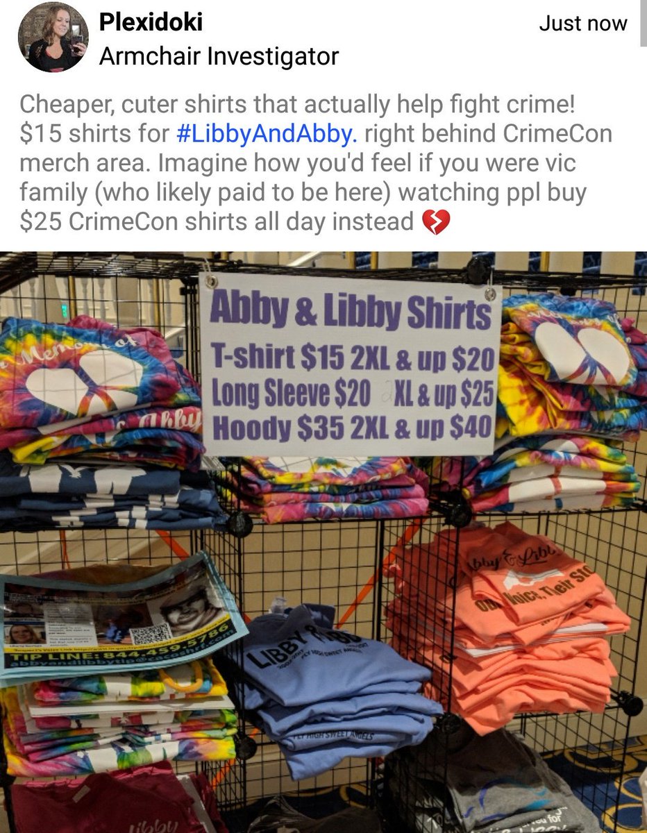 plexidoki's tweet image. If you&apos;re at #CrimeCon, please consider buying #LibbyAndAbby merch. It&apos;s more meaningful, stylish, and affordable ($15-20 tees) than CrimeCon merch. And these serve a purpose! #Delphi  #CrimeCon2018