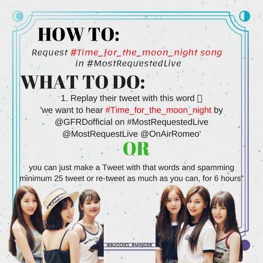 MkYerin's tweet photo. So Indonesia in Sunday morning to request #Time_for_the_moon_night song in #MostRequestedLive?? 😱😱

100 radio station, Buddies on the way!!! 😆 
@GFRDofficial
I have to set alarm! 😆
Thank you @buddies_rminder

Please share this! 🙏
@gfriendunited @amino_gfriend @GFRIENDaily https://t.co/KlLCioSqGp