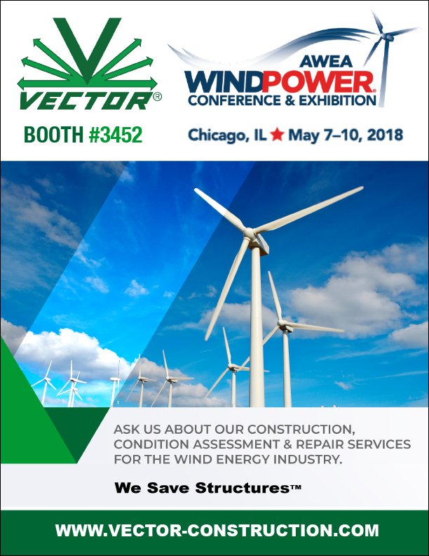 VectorConcrete's tweet photo. Are you attending #AWEA2018 this week in #Chicago? We are! We love the #WindyCity. Stop by Booth 3452 to learn more about #Vector Construction's condition #assessment and #repair services for the #WindEnergy industry. #WeSaveStructures #construction #windpower #Utilities https://t.co/lhK30S59bN