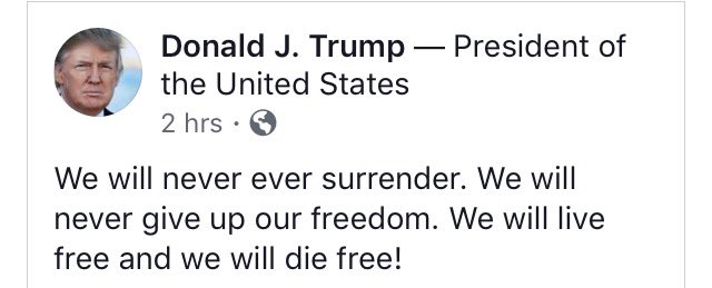 LokiSullivan's tweet image. We will never surrender. We will never give up our freedom. We will live free and we will die free!

#Trump #MAGA #QAnon #Bitcoin #crypto #blockchain #MayThe4thBeWithYou #StarWarsDay #WhatStarWarsTaughtMe #MayTheFourthBeWithYou
