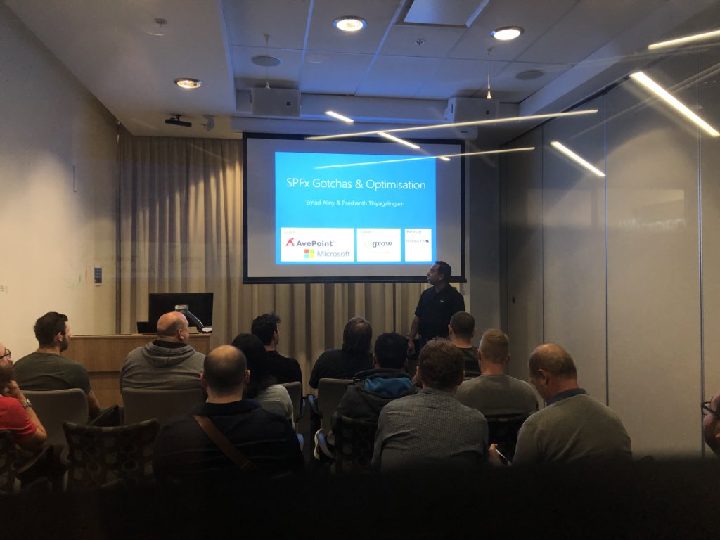 hadwinfung's tweet photo. Emad Aliny &amp; Prashanth Thiyagalingam joint presenting SPFx.. sharing all the gotchas and how to optimise your SPFx solution. #perthSPUG #o365sat18 #O365SatPER18 https://t.co/2DScIWGaV2