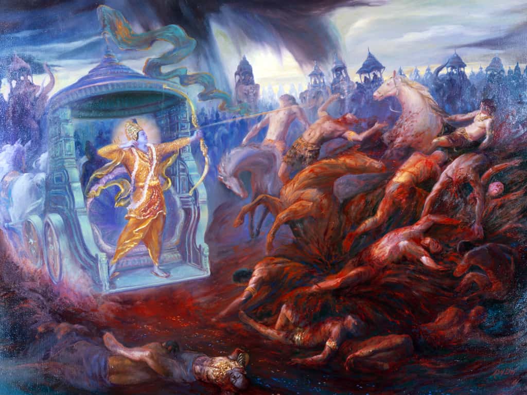 Enraged, Krishna picked up a stone and hurled it at Eklavya, killing him.