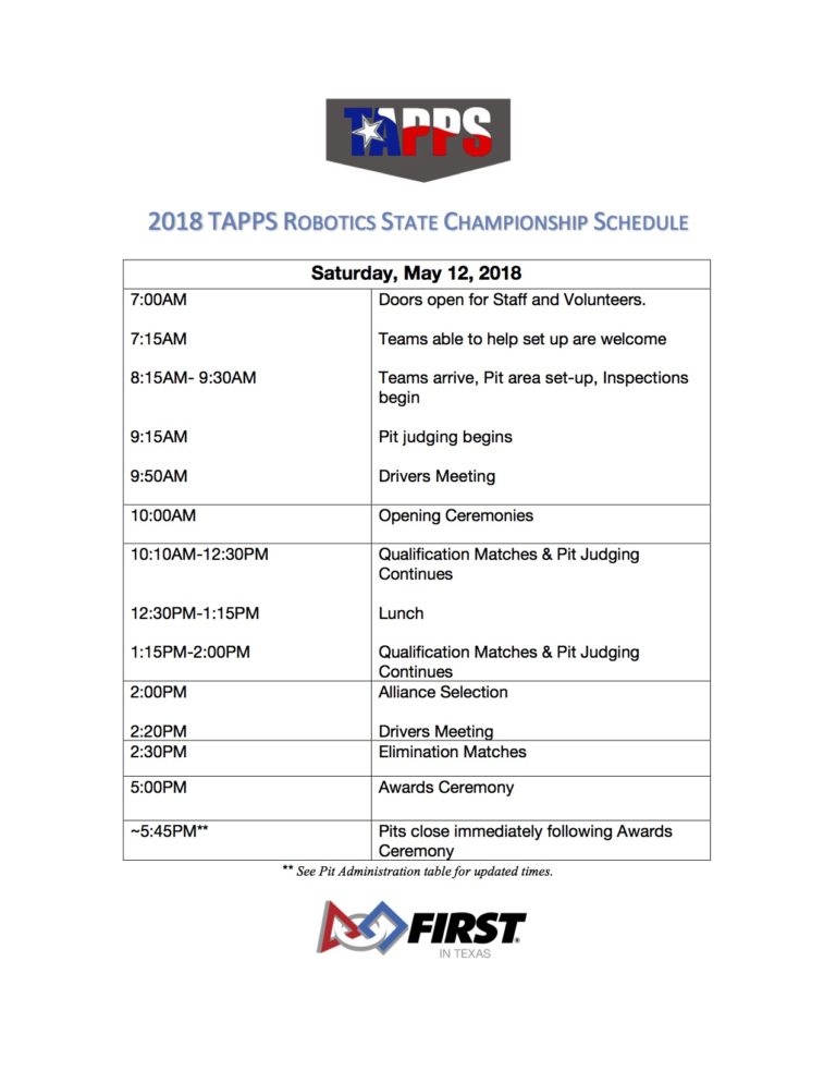 FIRSTinTexas's tweet image. It&apos;s happening! The Inaugural #TAPPSRobotics is today in Waco, TX. Opening Ceremony kicks off at 10am. Here is the schedule. #FTCTeams #FIRSTRelicRecovery