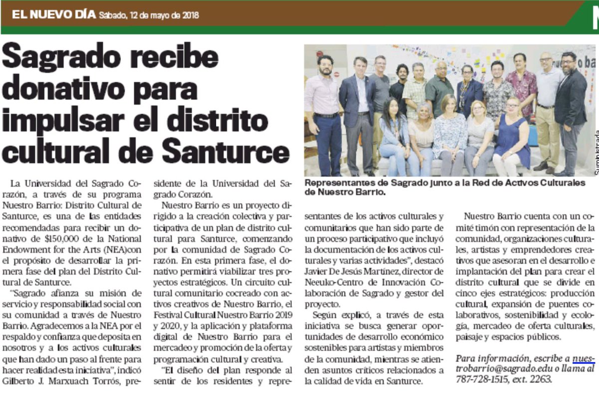 SagradoGlobal's tweet photo. Felicitaciones al equipo de @sagradoedu por ganar la asignación de $150,000 del National Endowment for the Arts @NEA para apoyar el distrito cultural en Santurce. https://t.co/wYXWMoTHNi