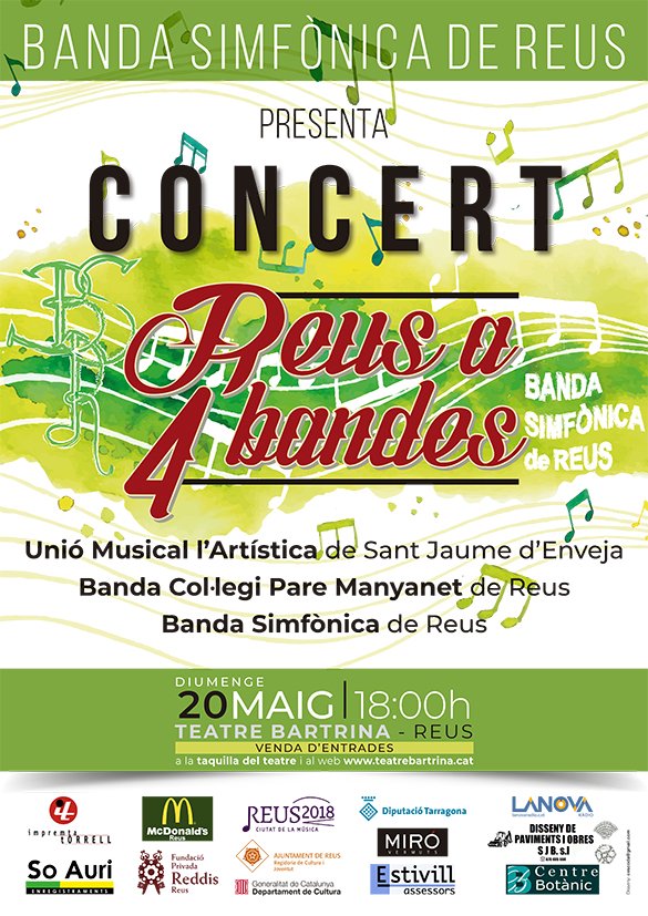 bsreus's tweet photo. Ens preparem per viure un any més el tradicional concert de Reus a 4 bandes, enguany molt contents de comptar amb els nostres companys de la Unió Músical l'Artística de Sant Jaume d’Enveja i la Banda Col·legi Pare Manyanet de Reus! 

El 20 de maig a les 18:00h!

T’hi esperem! https://t.co/PqcuvBQXl2