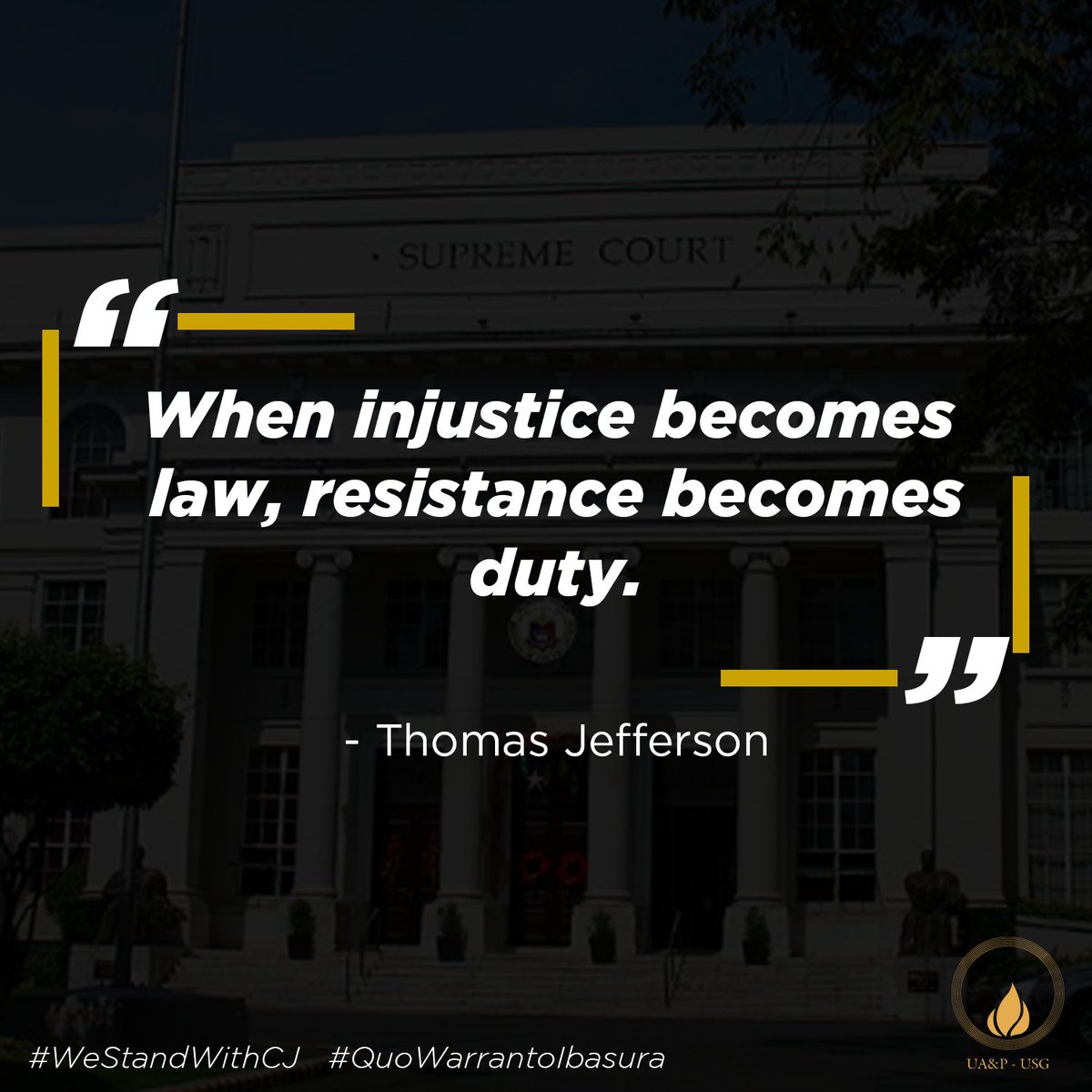 uap_usg's tweet photo. Your USG has taken a stand. We choose to fight alongside the Chief Justice for an independent judiciary and for the preservation of constitutional democracy.

#WeStandWithCJ #QuoWarrantoIbasura https://t.co/d8SzYFrHVH