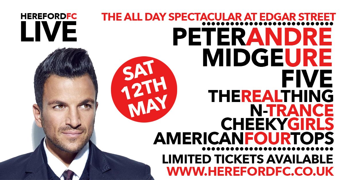 HerefordFCLive's tweet photo. Today is the day... Tickets are on sale at the box office, come and join us in the sunshine for the all-day spectacular. Gates open at 12:00pm.
Cash tickets available at the box office.
#hfclive #herefordfc #hereford #peterandre #concert https://t.co/iTAaavksfq