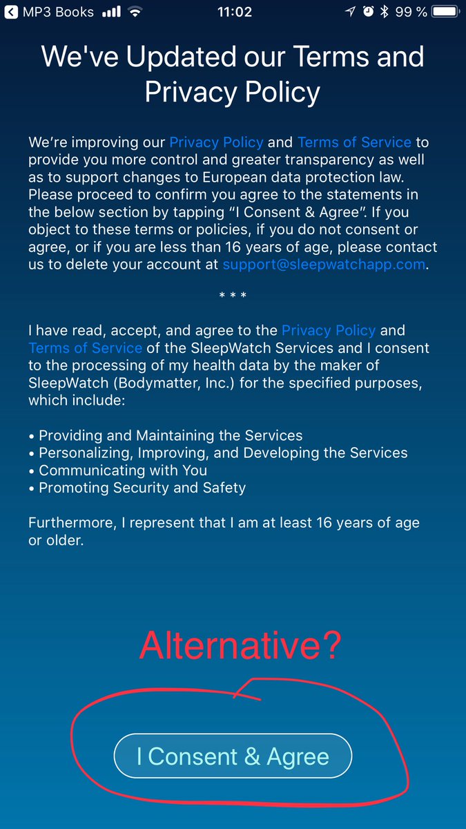 RolleDaniel's tweet photo. Hey #BigDataFriend - I got the #GDPR update from @SleepWatchApp this morning without any alternative button (Just an Email address for deletion inline). I do like the App - #Developers doing a great job there - but isn’t this in the #DataProtection #grayArea ? #BigData #ML #AI https://t.co/gsG1W1JWAU