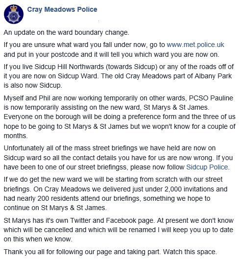 Cray Meadows Police (@mpscraymeadows) on Twitter photo Further to the earlier tweet, <a href="/MPSSidcup/">Sidcup Police</a> has taken a lot of the old Cray Meadows ward. You can follow them on Twitter & Facebook. Sidcup SNT are an excellent team. Further to the earlier tweet, <a href="/MPSSidcup/">Sidcup Police</a> has taken a lot of the old Cray Meadows ward. You can follow them on Twitter & Facebook. Sidcup SNT are an excellent team.