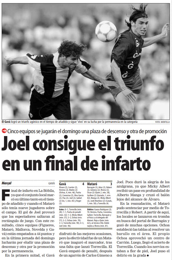 havokcfgava's tweet photo. Tal dia com avui de 2003 es jugava un dels partits més bojos que recordo... @cfgavaoficial 4-3 @ce_mataro. Tot i l'eufòria del moment la victòria no va servir de res, la setmana següent el Gavà es deixava la 2ªB a Mallorca. 
[Crònica de @marfonsol a Mundo Deportivo] https://t.co/hbdvzarv8N