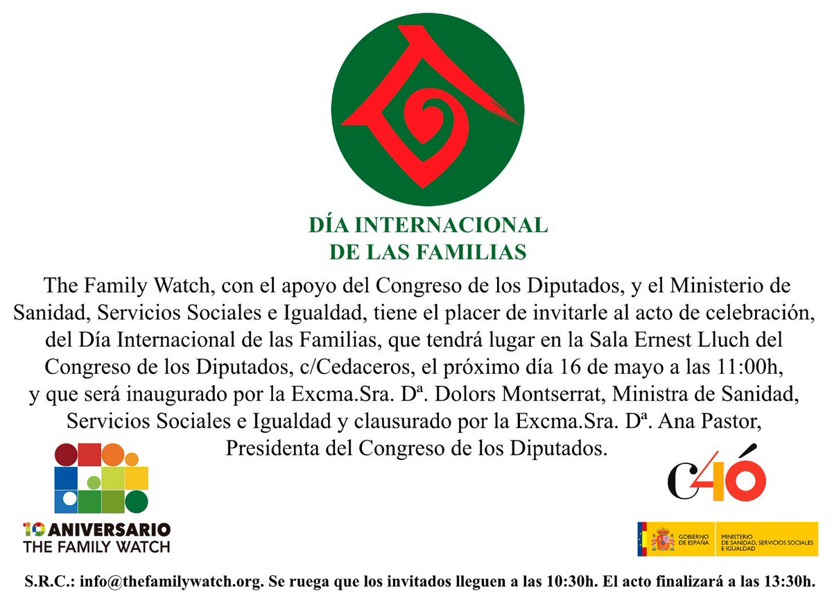 TheFamilyWatch's tweet photo. El próximo 15 de mayo celebramos el #DíainternacionaldelaFamilia . Por eso te animamos a qnos acompañes a la Jornada que organizamos en el @Congreso_Es y en el qtendremos una mesa redonda de primer nivel @unicef_es @ILUNION @_CARITAS @bancalimentos https://t.co/oTuAbPSFmn