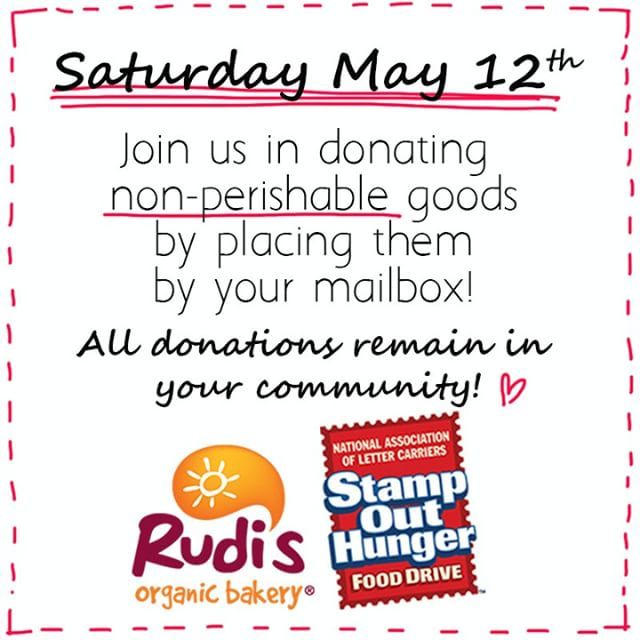 Rudi’s has partnered with the National Association of Letter Carriers to #StampOutHunger today, Saturday May 12th! 
Join us in donating to America’s largest one day food drive by placing your non-perishable donation in a bag or box by your mailbox Saturd… ift.tt/2G9Scot
