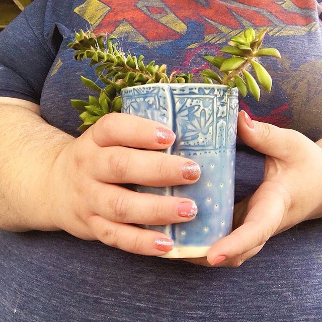 I'm finally migrating my succulents outside for the summer!
.
.
.
Succulents &amp; cacti in unique little pots are a great #mothersday gift! 
The more unique the vessel, the better! I got this little slab pottery piece at @thelocal_gallery_salon_spa, and jus… ift.tt/2KWR7Ej