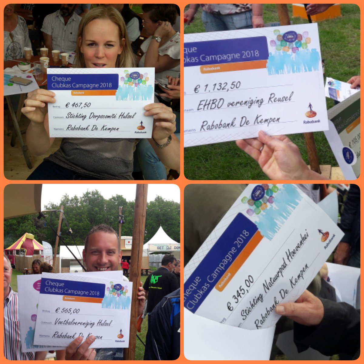 Veel verenigingen uit #Reusel en #Hulsel heel blij met ontvangen van cheques tijdens #RaboClubkas roadshow van @RaboDeKempen op sfeervolle locatie bij #elsomopenair2018