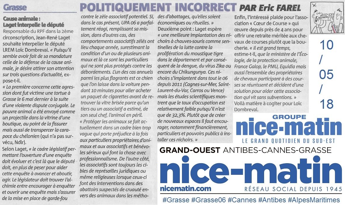 JEANRENELAGET's tweet photo. Dans #NiceMatin ma lettre ouverte au Député #LREM de la #Circo0602 Loic #Dombreval qui a revendiqué faire de sa mandature celle de la #causeanimale. Alors voilà : #Animaux #Nature - #Grasse #Grasse06 #Peymeinade #Vence #Valberg - #RPF #RPF06 #RPFGrasse #Laget https://t.co/aONSJYPck6