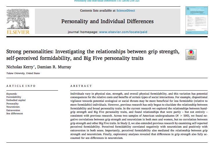 ESCLab_Tulane's tweet image. Congrats to our graduate student, Nick Kerry, for his first, first author pub! It is out now in Personality and Individual Differences! 
#Formidability #Personality 💪
Read it here: goo.gl/VoZcCZ