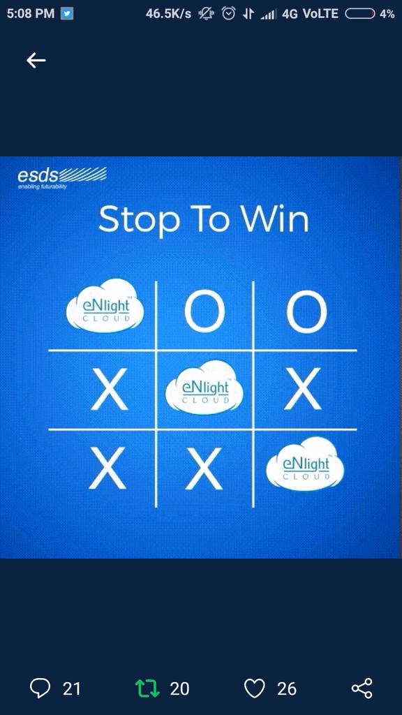 Prachii10's tweet image. #TicTacToe #eNlightCloud #ESDS 
@ameeta3 
@blessedkamal 
@misty_basu 
@AkshikaKhatri 
@prachimana 
@iNehaBhambri 
@iamsowju 
@iApoorvAgarwal 
@iVnayak 
@Pritigupta13031 
@Vae_2Climb 
@Celina_Tweets 
@Bibin_Alexander 
@Gopal29 
@sunitakatyal 
@Suruchi0603 
@Swaty_Here
@Ramprasad43