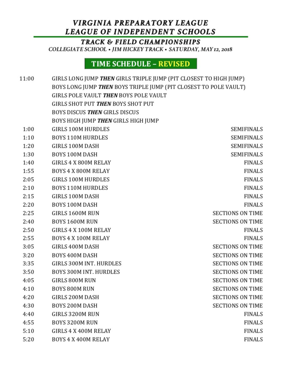 TES_Athletics's tweet photo. Track &amp; Field LIS/VPL Championships are today on Collegiate's Main Campus!  See the run down of events and the estimated start times below #gotitans #titantrack https://t.co/nd9XrCnZIZ