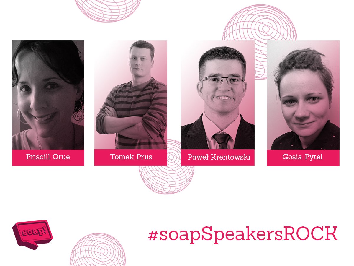 soapconf's tweet image. Meet Priscill Orue, @tomek_prus, Paweł Krentowski, and @gosiapytel83! 
They prepared awesome workshops and talks for you! Learn how to build a bot, use #ApacheANT, and apply #DesignThinking in real life!

Join #soapconf to meet them bit.ly/soapconf2018! #soapSpeakersROCK