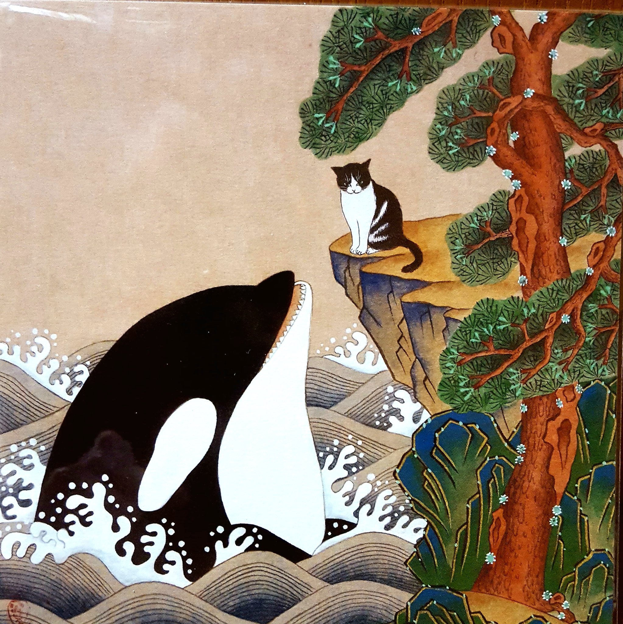 手塚るみ子 デザフェス収穫その2 猫とシャチのポストカード 他にも猫とアジアンな風景のイラストがあり その抜群な絵心にハート鷲掴みされました 韓国のイラストレーターさんによるものです お名前が韓国読みでわからにゃい T Co Jxzcmpi3v3