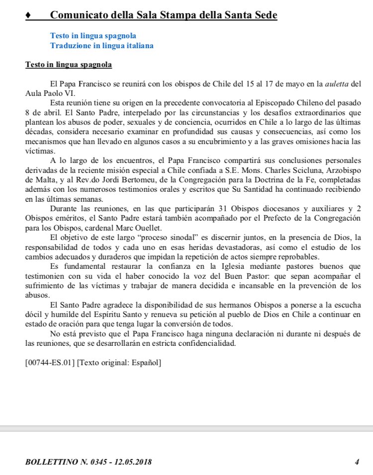Este es el comunicado de hoy del Vaticano por la reunión con los obispos chilenos. Por abuso sexual, de consciencia, encubrimiento e indiferencia con víctimas. Les va a llegar