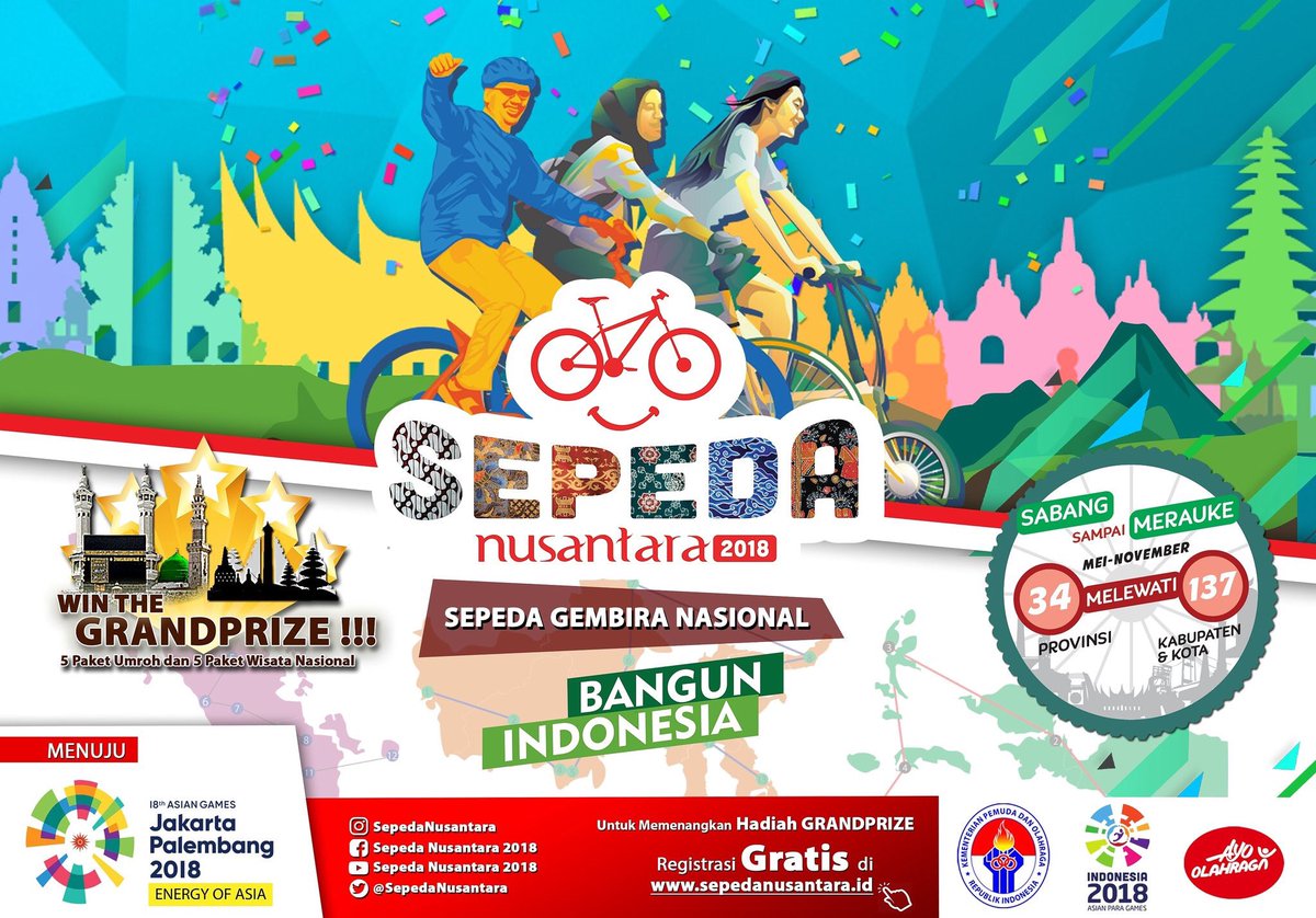 Besok jam 6 pagi kita bersepeda bareng Tim Jelajah Nusantara dlm Kick Off #SepedaNusantara 2018. Start dari Halaman <a href="/KEMENPORA_RI/">KEMENPORA RI</a>. Kita jadi saksi bersejarah mengantar Tim Jelajah Nusantara keliling 137 kota/kabupaten di seluruh Indonesia. Info lengkap di sepedanusantara.id.
