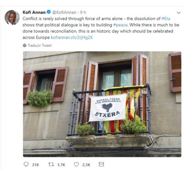 tonifsan's tweet photo. El Premi Nobel de la Pau i ex-Secretari General de la ONU, Kofi Annan, va tenir penjat en el seu compte oficial de Twitter gairebé 24 hores aquest tuit. Després va ser esborrat. Què va passar? Pressions? https://t.co/PkS4cBAq1O