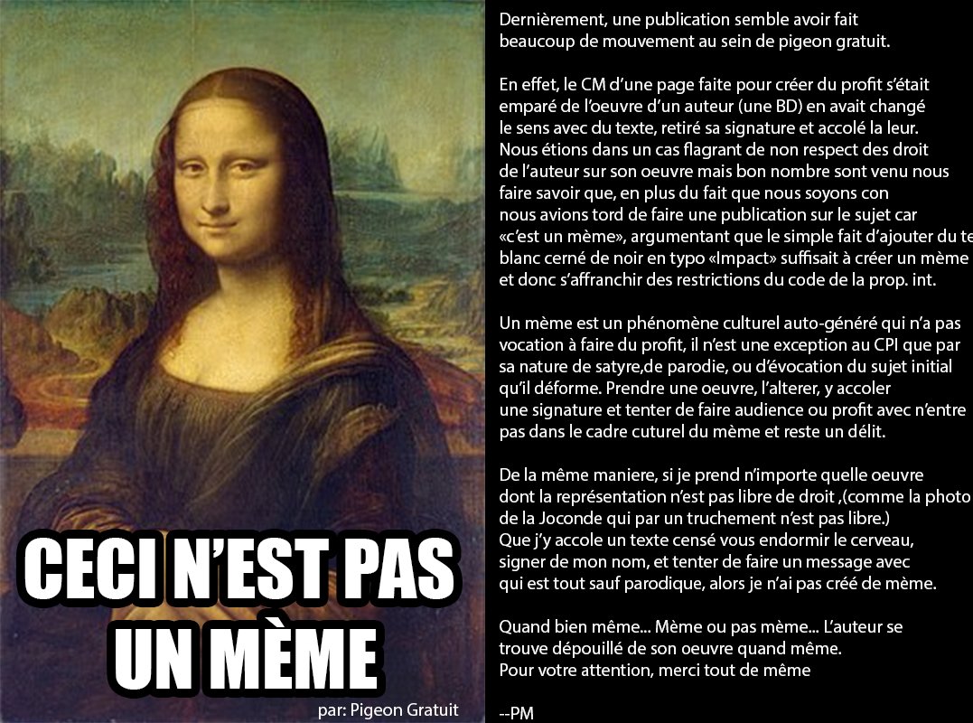 Pigeon Gratuit On Mangera Les Riches Avec Un Petit Bemol Ce Que Je Dit Propos De La Joconde Est A Verifier Mad Chien Tu Veux En Profiter Pour Ajouter