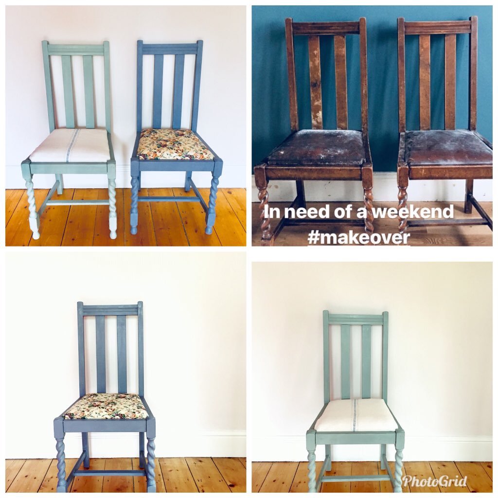 Findshopstudio's tweet photo. Remember my dirty worn 1940’s chairs from a few weeks back, well I finally got around to giving them a pretty summer makeover, which do you like best #duckeggblue or #oldviolet ? 
#paintedfurniture #anniesloanchalkpaint #makeover #transformation #makeityourown #paintitforsummer https://t.co/lvglI4baeW