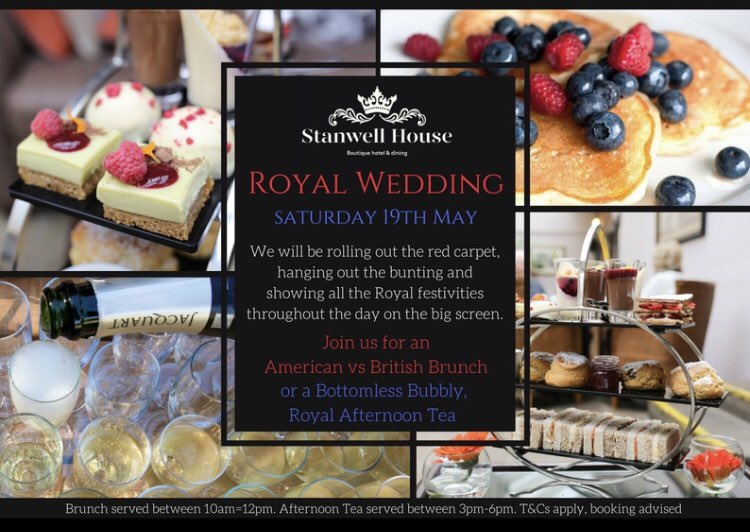 stanwellhotel's tweet photo. TWO WEEKS TO GO !
What will you be doing on May 19th ?
We have come up with something that should fit the bill for you !
American vs English brunch 10 -12pm
Royal Afternoon Tea with bottomless bubbly !
#royalnuptials #brunch #afternoontea #bottomlessbubbly #sillynotto https://t.co/yywMGVdiEn