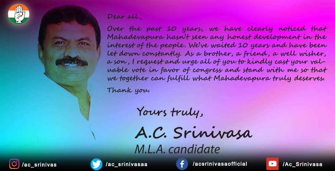 ac_srinivasaa's tweet photo. #NammaBengaluru #INCMahadevapura #INCKarnataka #MahadevapuraConstituency #Elections2018 #VoiceOfMahadevapura #KarnatakaModelOfDevelopment #NammaKannadiga #Acsrinivasa #VoteforCongress. https://t.co/xEWng9akuS