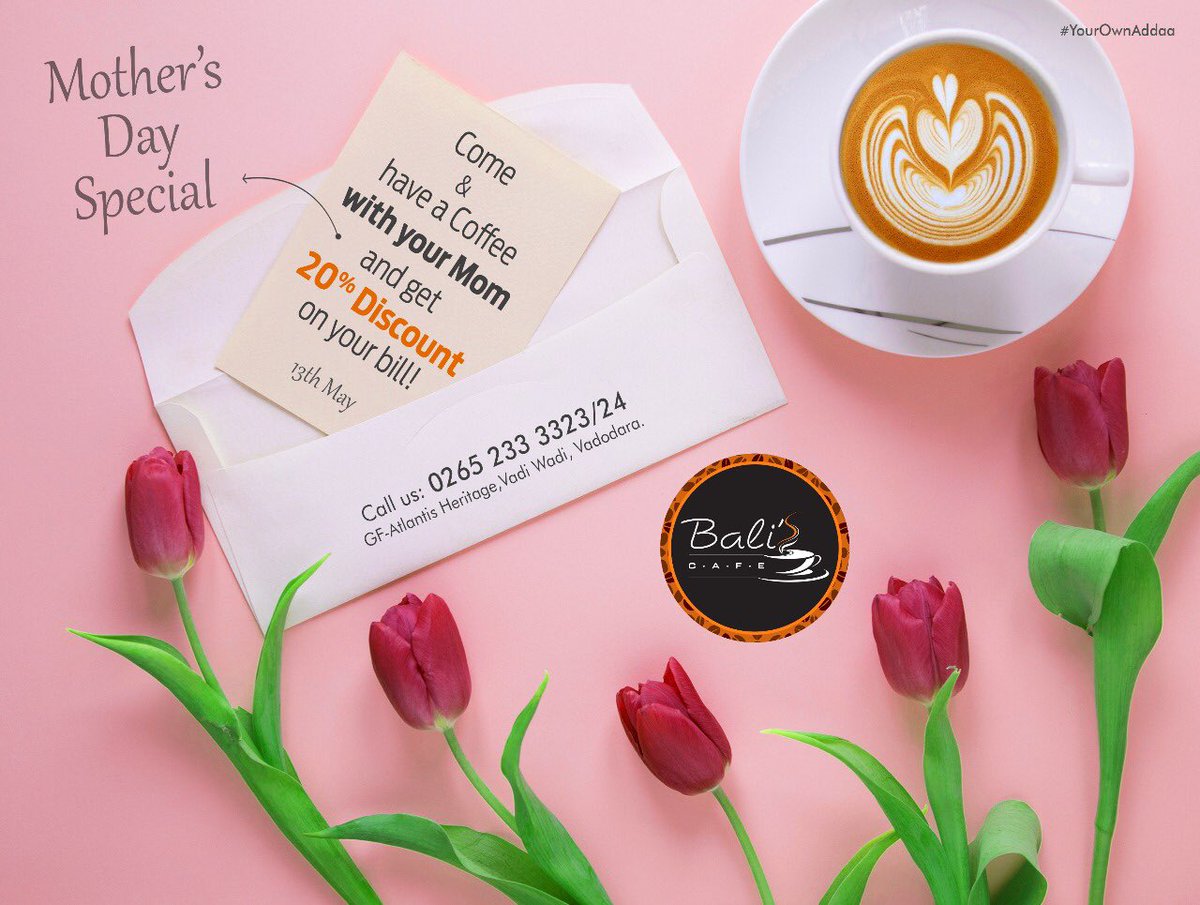 Morsel_Balis's tweet photo. Coffee with mom is like capturing happiness in a cup! Experience the same on this mother’s day! Come &amp; have coffee with your mom!

#Coffee #Cafe #Mothersday #13thMay #Sunday #Vadodara #CoffeewithMom #Offer #Discount #Celebrations https://t.co/onjpY0zfrr
