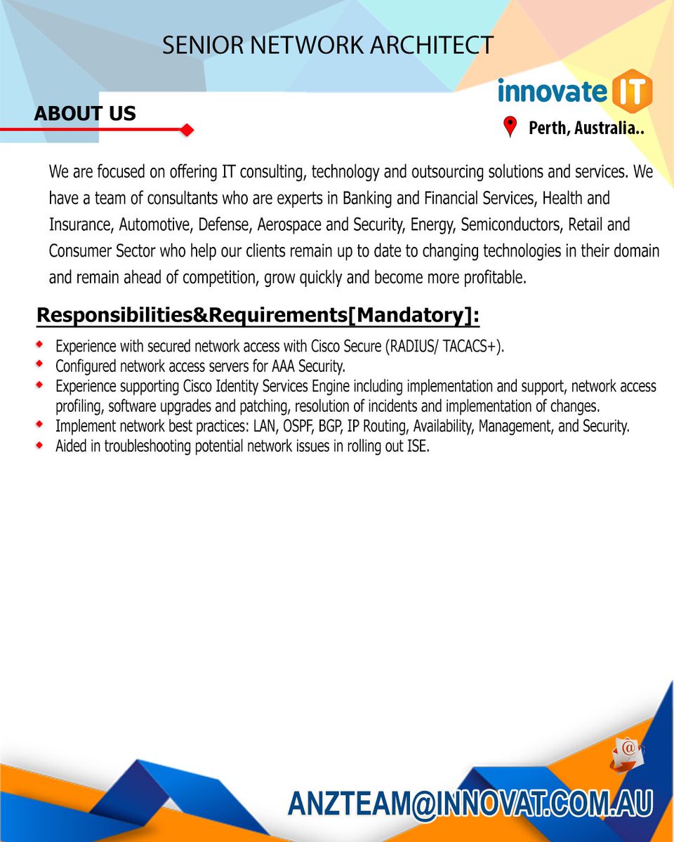 Innovat It On Twitter Excellent Opportunity For 8 10 Years Experienced Senior Network Architect To Work In Perth Australia If Interested Send Us Your Resume To Anzteam Innovat Com Au Innovate It Itjobs Australia Perth Seniornetworkarchitect