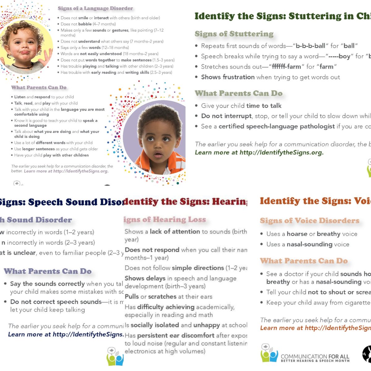 IslndWideSpeech's tweet photo. What are the warning signs for #language delays, #speech disorders, #swallowing issues, #voice difficulties, and #hearingloss in children? What can parents do? Check out #ASHA's #BHSM informative, quick checklists to find out. #identifythesigns #bhsmcontest #awareness https://t.co/d3bfXCtATg