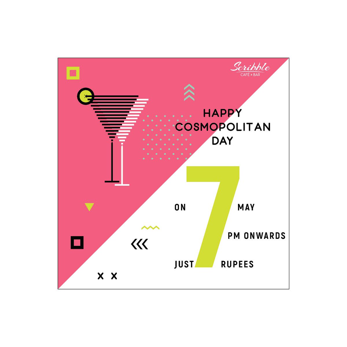 scribblecafebar's tweet photo. https://t.co/fWV8oUbRqt, YES! You read it right. On 7th May, 7 PM Onwards, Cosmopolitan will be served at Rs.7 ONLY!
Happy Cosmopolitan Day!
Call 020 4000 6200
#cosmotime #cosmopolitans #cocktail #cocktailhour #cosmopolitan #scribblecafebar #cafe #bar #pune #cosmopolitanday https://t.co/bMuQrBnMTi