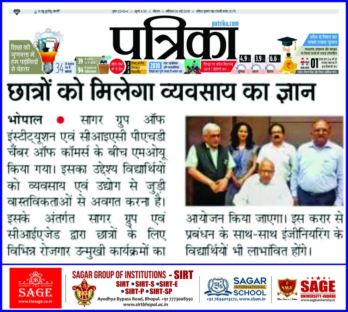 SIRT_BHOPAL's tweet photo. Heartily congratulations💐💐💐
The secret of business is to know something that nobody else knows.
It gives us immense pleasure to announce that #Sagar group of Institutions and #CIACPHD Chamber of commerce signed MoU.
#SIRTBHOPAL #SAGEINDORE #SISBHOPAL #ACC https://t.co/AE9zHhibtf